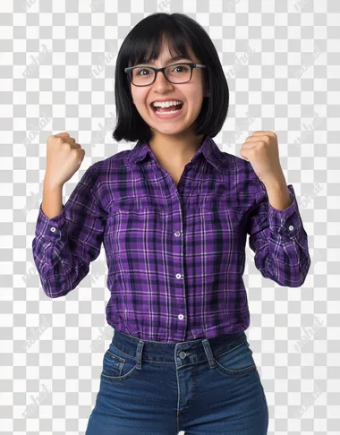 A young mexican woman wearing jeans and a purple checkered long-sleeved shirt is standing in front of the camera, with an excited expression and celebrating with a pose semi-profiled with one arm crossed and with the other arm he makes a flea-up gesture . She has short black hair and slightly straight bangs with glasses. The background color is white to highlight him. Capture the moment when she's conveying joy as if something interesting or amazing had just landed on it, in the style of Canon EOS R5.