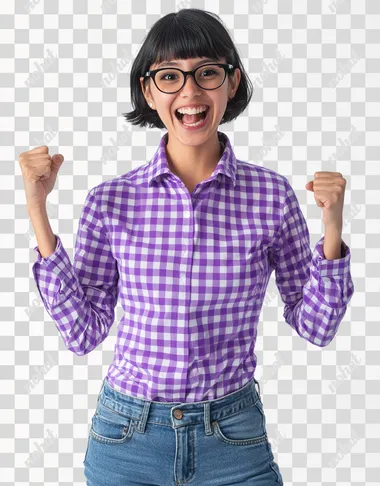 A young mexican woman wearing jeans and a purple checkered long-sleeved shirt is standing in front of the camera, with an excited expression and celebrating with a pose semi-profiled with one arm crossed and with the other arm he makes a flea-up gesture . She has short black hair and slightly straight bangs with glasses. The background color is white to highlight him. Capture the moment when she's conveying joy as if something interesting or amazing had just landed on it, in the style of Canon EOS R5.