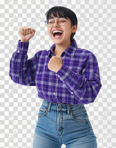 A young mexican woman wearing jeans and a purple checkered long-sleeved shirt is standing in front of the camera, with an excited expression and celebrating with a pose semi-profiled with one arm crossed and with the other arm he makes a flea-up gesture . She has short black hair and slightly straight bangs with glasses. The background color is white to highlight him. Capture the moment when she's conveying joy as if something interesting or amazing had just landed on it, in the style of Canon EOS R5.
