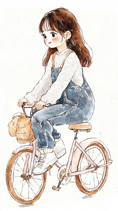 Watercolor illustration of a young womanwearing a white long-sleeved lace shirt inside, loose overalls jeans outside, white sneakers, and riding a light pink bicycle3/4 side viewwatercolor painting, simple lines, soft touch, watercolor texture effecthigh resolution8k        --cw 0   --s 200  color