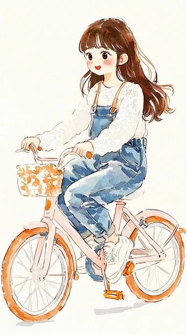 Watercolor illustration of a young womanwearing a white long-sleeved lace shirt inside, loose overalls jeans outside, white sneakers, and riding a light pink bicycle3/4 side viewwatercolor painting, simple lines, soft touch, watercolor texture effecthigh resolution8k        --cw 0   --s 200  color