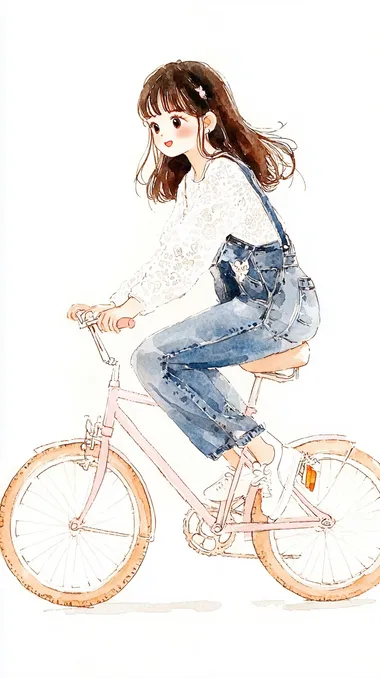 Watercolor illustration of a young womanwearing a white long-sleeved lace shirt inside, loose overalls jeans outside, white sneakers, and riding a light pink bicycle3/4 side viewwatercolor painting, simple lines, soft touch, watercolor texture effecthigh resolution8k        --cw 0   --s 200  color