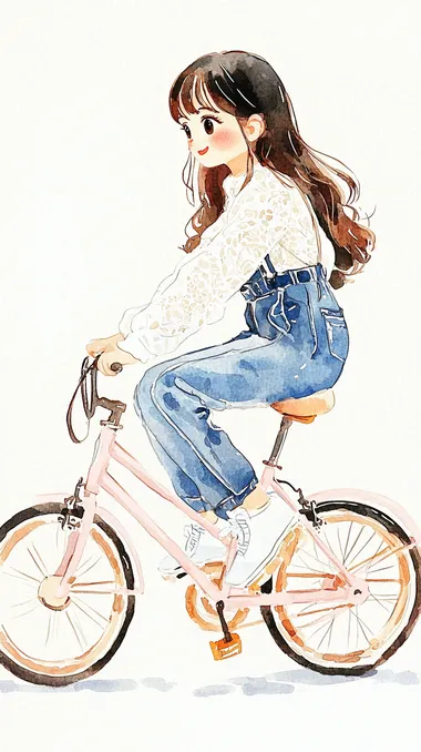 Watercolor illustration of a young womanwearing a white long-sleeved lace shirt inside, loose overalls jeans outside, white sneakers, and riding a light pink bicycle3/4 side viewwatercolor painting, simple lines, soft touch, watercolor texture effecthigh resolution8k        --cw 0   --s 200  color