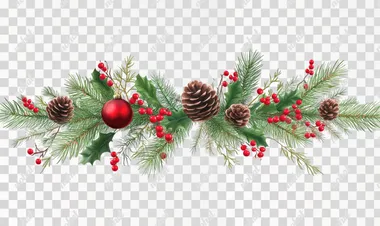 A hyper realistic christmas garland with red berries, pine cones, and evergreen branches, isolated on a white background.