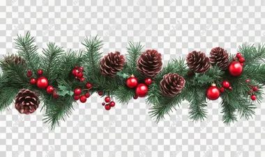 A hyper realistic christmas garland with red berries, pine cones, and evergreen branches, isolated on a white background.
