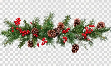 A hyper realistic christmas garland with red berries, pine cones, and evergreen branches, isolated on a white background.