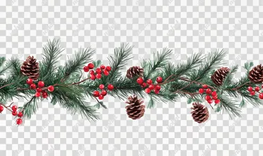 A hyper realistic christmas garland with red berries, pine cones, and evergreen branches, isolated on a white background.