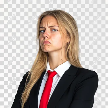side portrait of angry smirking woman with mouth closed like mrbeast in his thumbnails looking to the side, blond hair, business suit with red tie, white background