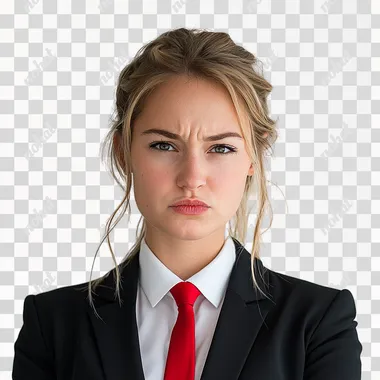 side portrait of angry smirking woman with mouth closed like mrbeast in his thumbnails looking to the side, blond hair, business suit with red tie, white background