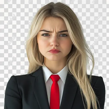 side portrait of angry smirking woman with mouth closed like mrbeast in his thumbnails looking to the side, blond hair, business suit with red tie, white background