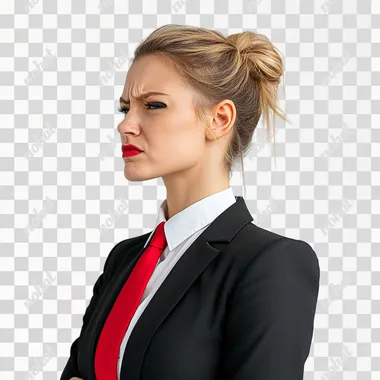 side portrait of angry smirking woman with mouth closed like mrbeast in his thumbnails looking to the side, blond hair, business suit with red tie, white background