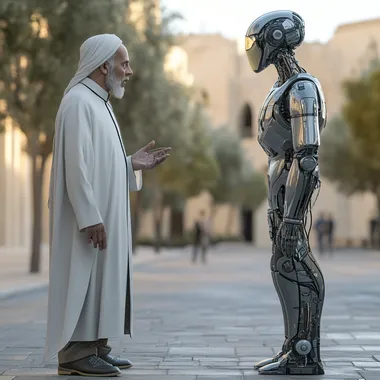 create a realistic image of a muslim man talking to a robot and they're 5 metres apart