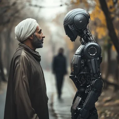 create a realistic image of a muslim man talking to a robot and they're 5 metres apart