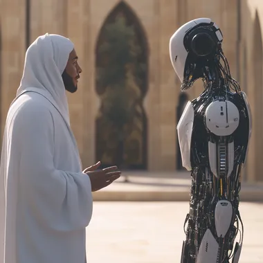 create a realistic image of a muslim man talking to a robot and they're 5 metres apart