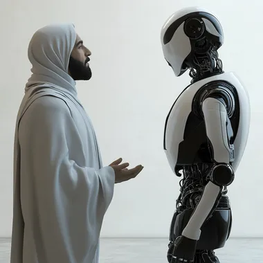 create a realistic image of a muslim man talking to a robot and they're 5 metres apart