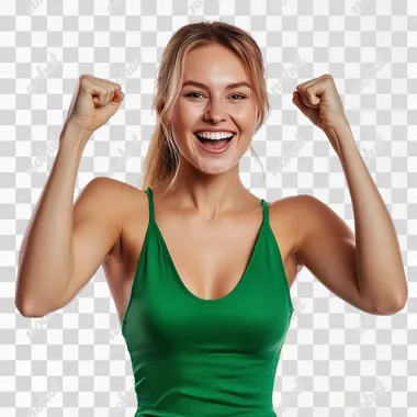 Youtube banner for casino betting (all types), Beautiful Swedish model woman with white skin, smiling in green sport casual dress, making winning pose, white background, ultra detailed, 8k resolution, strong and dynamic composition.