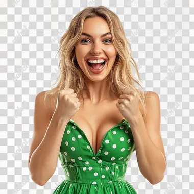 Youtube banner for casino betting (all types), Beautiful Swedish model woman with white skin, smiling in green sport casual dress, making winning pose, white background, ultra detailed, 8k resolution, strong and dynamic composition.