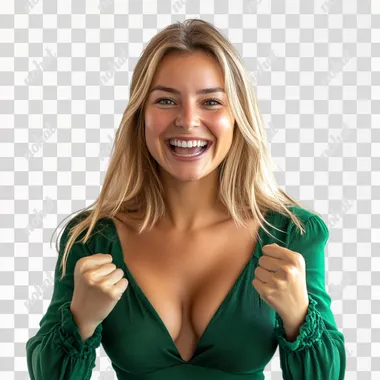 Youtube banner for casino betting (all types), Beautiful Swedish model woman with white skin, smiling in green sport casual dress, making winning pose, white background, ultra detailed, 8k resolution, strong and dynamic composition.