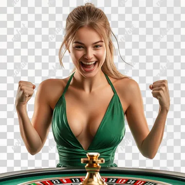Youtube banner for casino betting (all types), Beautiful Swedish model woman with white skin, smiling in green sport casual dress, making winning pose, white background, ultra detailed, 8k resolution, strong and dynamic composition.