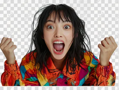 Photo of an excited young Asian woman with an open mouth and hands on a white background, isolated.    --s 250