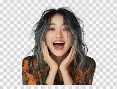 Photo of an excited young Asian woman with an open mouth and hands on a white background, isolated.    --s 250