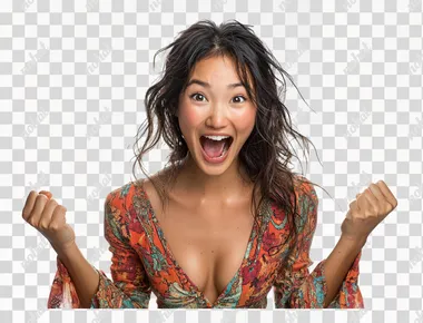 Photo of an excited young Asian woman with an open mouth and hands on a white background, isolated.    --s 250