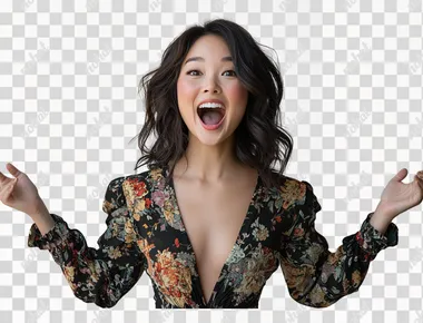 Photo of an excited young Asian woman with an open mouth and hands on a white background, isolated.    --s 250