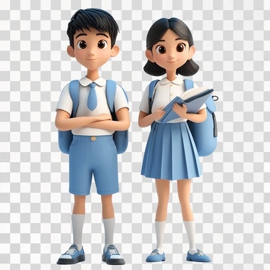 make an clever character, portrait of confident asian students boy and girl, teenager, wearing blue and white school uniforms with a backpack and a book, cartoon character, disney style, 3D render, cartoon 3D, light and shadow, high resolution, bright colors, high detail, white background