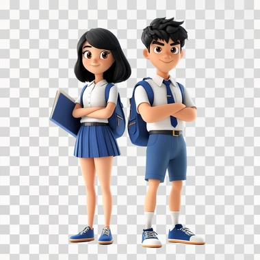 make an clever character, portrait of confident asian students boy and girl, teenager, wearing blue and white school uniforms with a backpack and a book, cartoon character, disney style, 3D render, cartoon 3D, light and shadow, high resolution, bright colors, high detail, white background