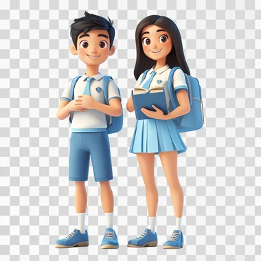 make an clever character, portrait of confident asian students boy and girl, teenager, wearing blue and white school uniforms with a backpack and a book, cartoon character, disney style, 3D render, cartoon 3D, light and shadow, high resolution, bright colors, high detail, white background