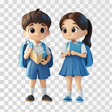 make an clever character, portrait of confident asian students boy and girl, teenager, wearing blue and white school uniforms with a backpack and a book, cartoon character, disney style, 3D render, cartoon 3D, light and shadow, high resolution, bright colors, high detail, white background