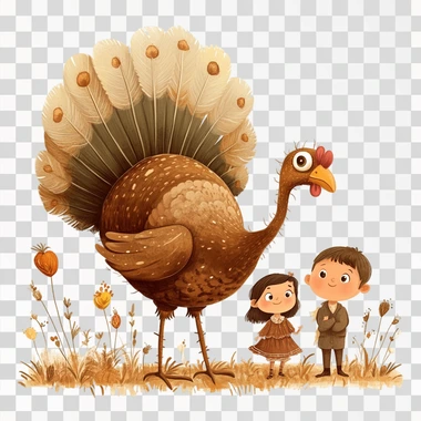 In the style of Gediminas Pranckevicius, illustrate a turkey with a boy and a girl isolated on a white background