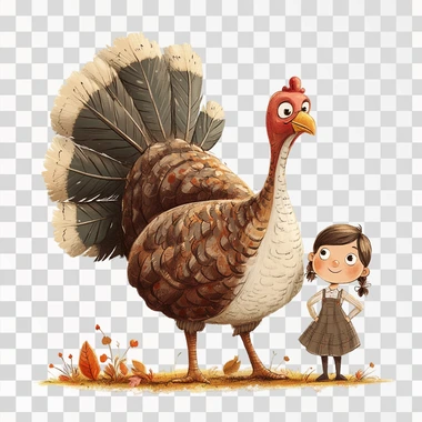 In the style of Gediminas Pranckevicius, illustrate a turkey with a boy and a girl isolated on a white background