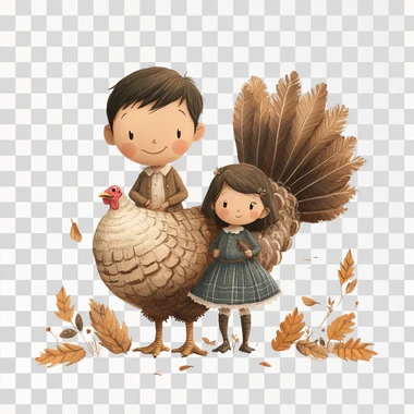 In the style of Gediminas Pranckevicius, illustrate a turkey with a boy and a girl isolated on a white background