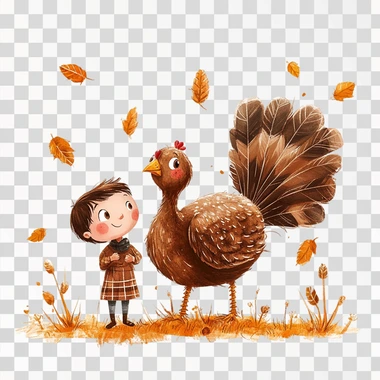 In the style of Gediminas Pranckevicius, illustrate a turkey with a boy and a girl isolated on a white background