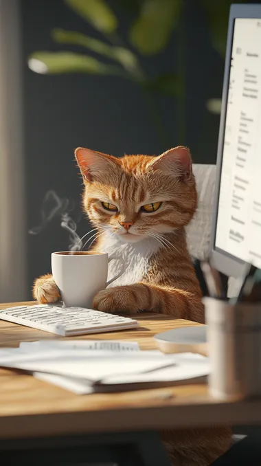 A realistic anthropomorphic orange tabby cat sitting at a modern office desk using a computer, looking tired and sipping coffee, work papers scattered   --raw