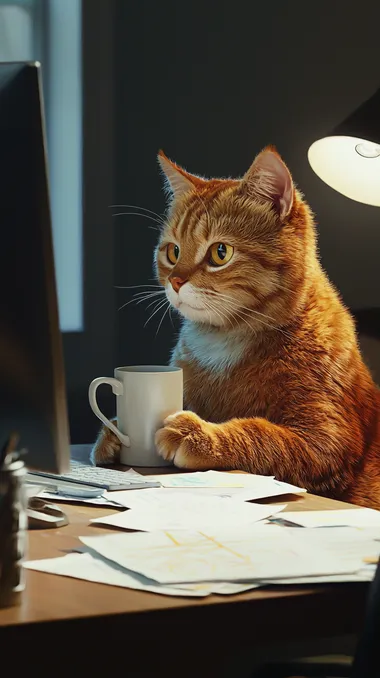 A realistic anthropomorphic orange tabby cat sitting at a modern office desk using a computer, looking tired and sipping coffee, work papers scattered   --raw