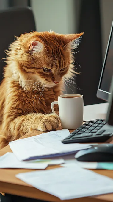 A realistic anthropomorphic orange tabby cat sitting at a modern office desk using a computer, looking tired and sipping coffee, work papers scattered   --raw