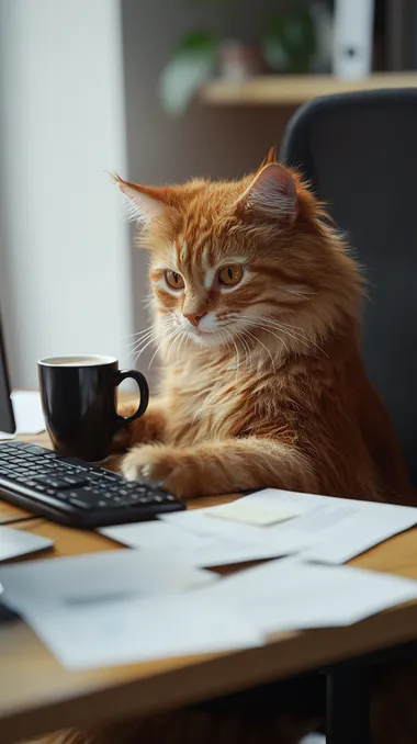 A realistic anthropomorphic orange tabby cat sitting at a modern office desk using a computer, looking tired and sipping coffee, work papers scattered   --raw