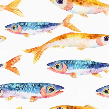 bold pastel watercolor illustration of sardines on a white background only