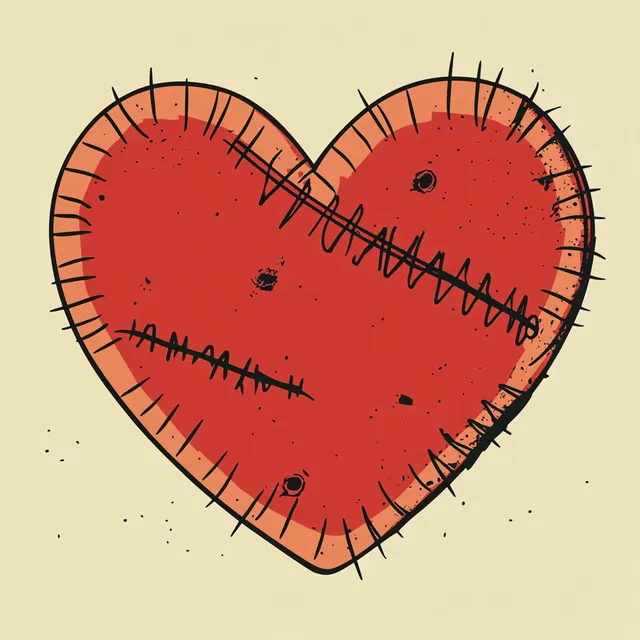 Spiked Red Heart Illustration with Ribbons in Simple Design
