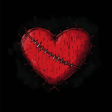 a stitched heart, tiny ribbons placed on the heart, simple color, very thick black lines simple design, and flat vector style.