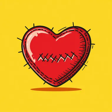 a stitched heart, tiny ribbons placed on the heart, simple color, very thick black lines simple design, and flat vector style.