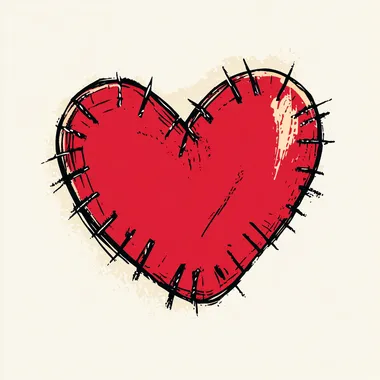 a stitched heart, tiny ribbons placed on the heart, simple color, very thick black lines simple design, and flat vector style.