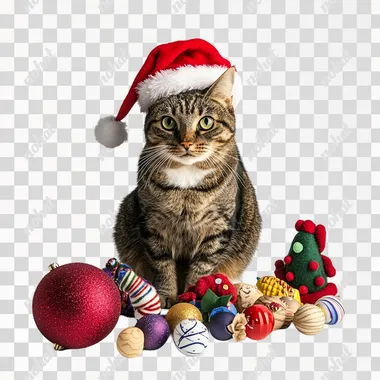 a cat in a Santa Claus hat sits among Christmas toys, on a white background