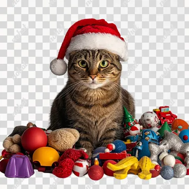 a cat in a Santa Claus hat sits among Christmas toys, on a white background