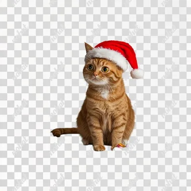 a cat in a Santa Claus hat sits among Christmas toys, on a white background