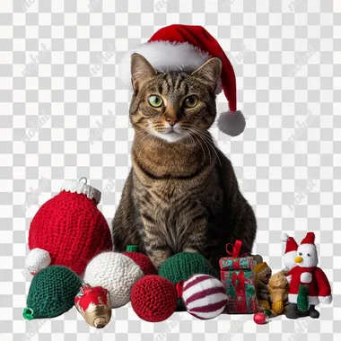 a cat in a Santa Claus hat sits among Christmas toys, on a white background
