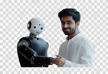 Mid-shot of Indian man handshake with a robot, photorealistic, confident face, isolated