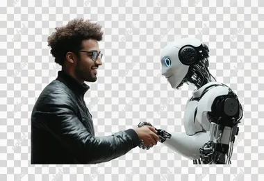 Mid-shot of Indian man handshake with a robot, photorealistic, confident face, isolated